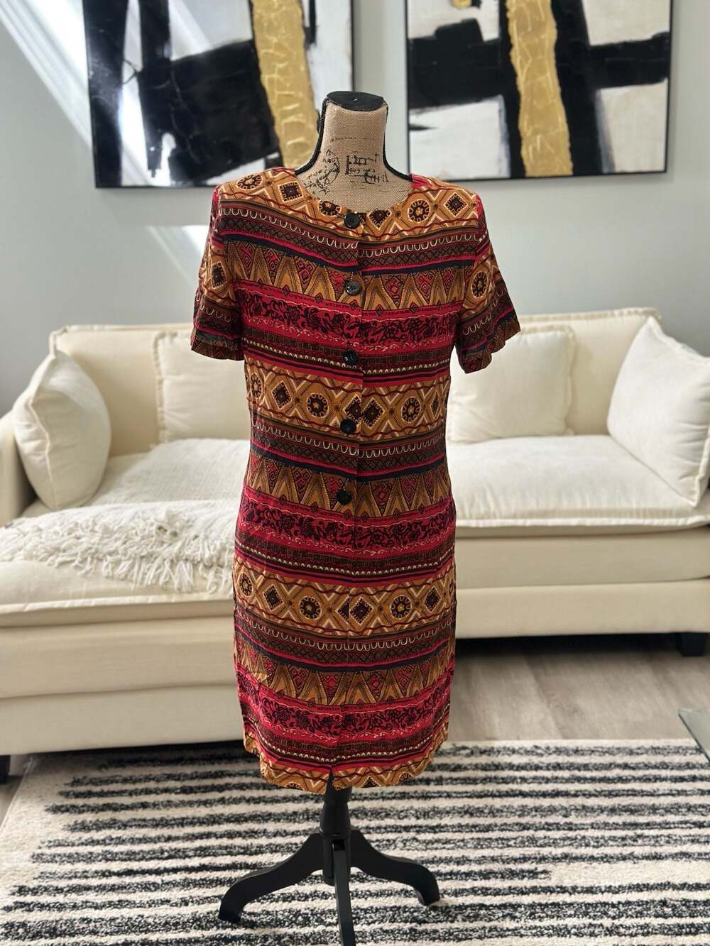 Kathie Lee Vintage Rayon Southwest Print Short Sleeve Button-Front Sheath Dress